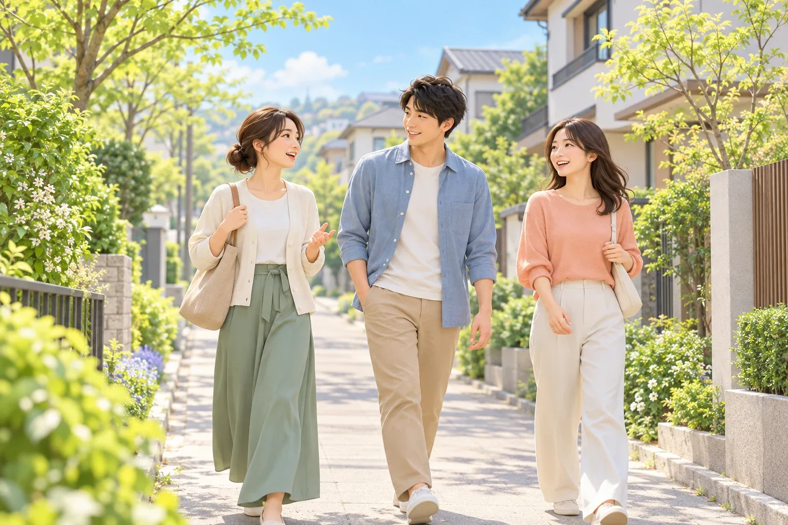 春の住宅街を、普段着の若い男女3人が会話しながら歩く3Dイラスト
