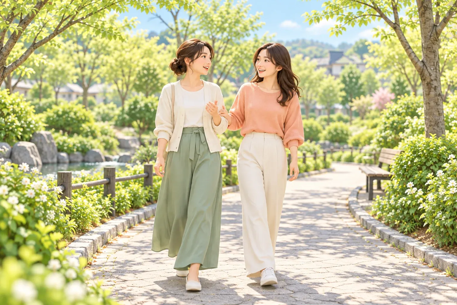 新緑の公園で、若い友人2人が笑顔で声を掛け合う3Dイラスト